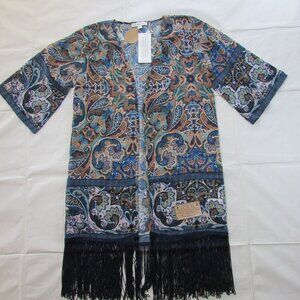 Montana Co Women's MD 3/4 Sleeve Paisley Print Kimono Cardigan Navy Blue